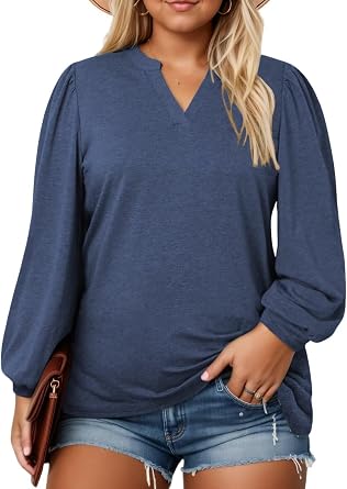 Plus-Size-Tops for Women Dressy Puff Lantern Long Sleeve Shirts Cute Notch V Neck Casual Tunic Blouses XL-5XL