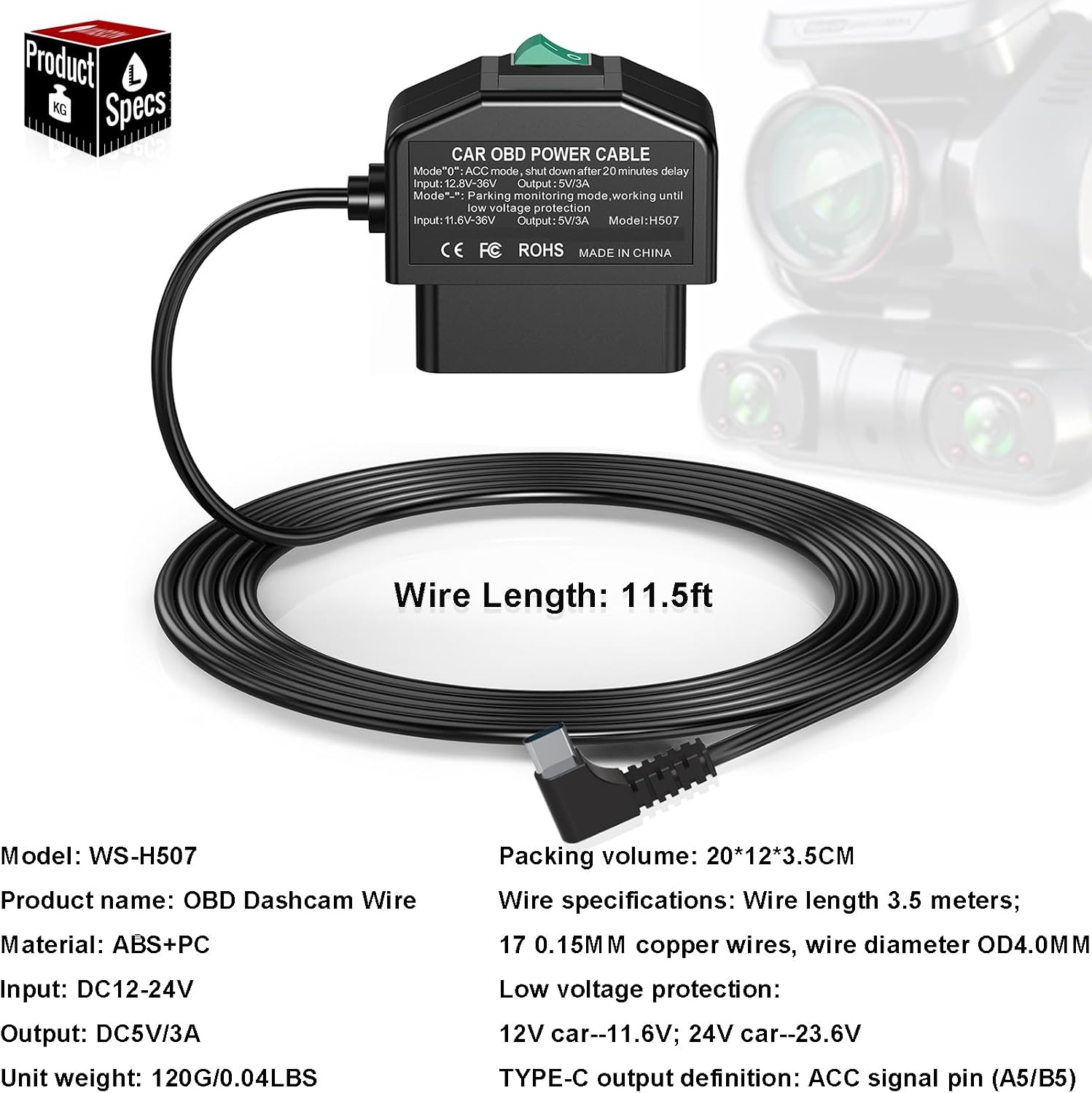 OBD2 Dash Cam Hardwire Kit Parking Mode USB Type C OBD Charger | OBD2 Power Cable, 12-24V to 5V/3A, Low Voltage Protection, 24h Parking Surveillance/ACC Mode, For Dashcam, GPS or Radar thumbnail