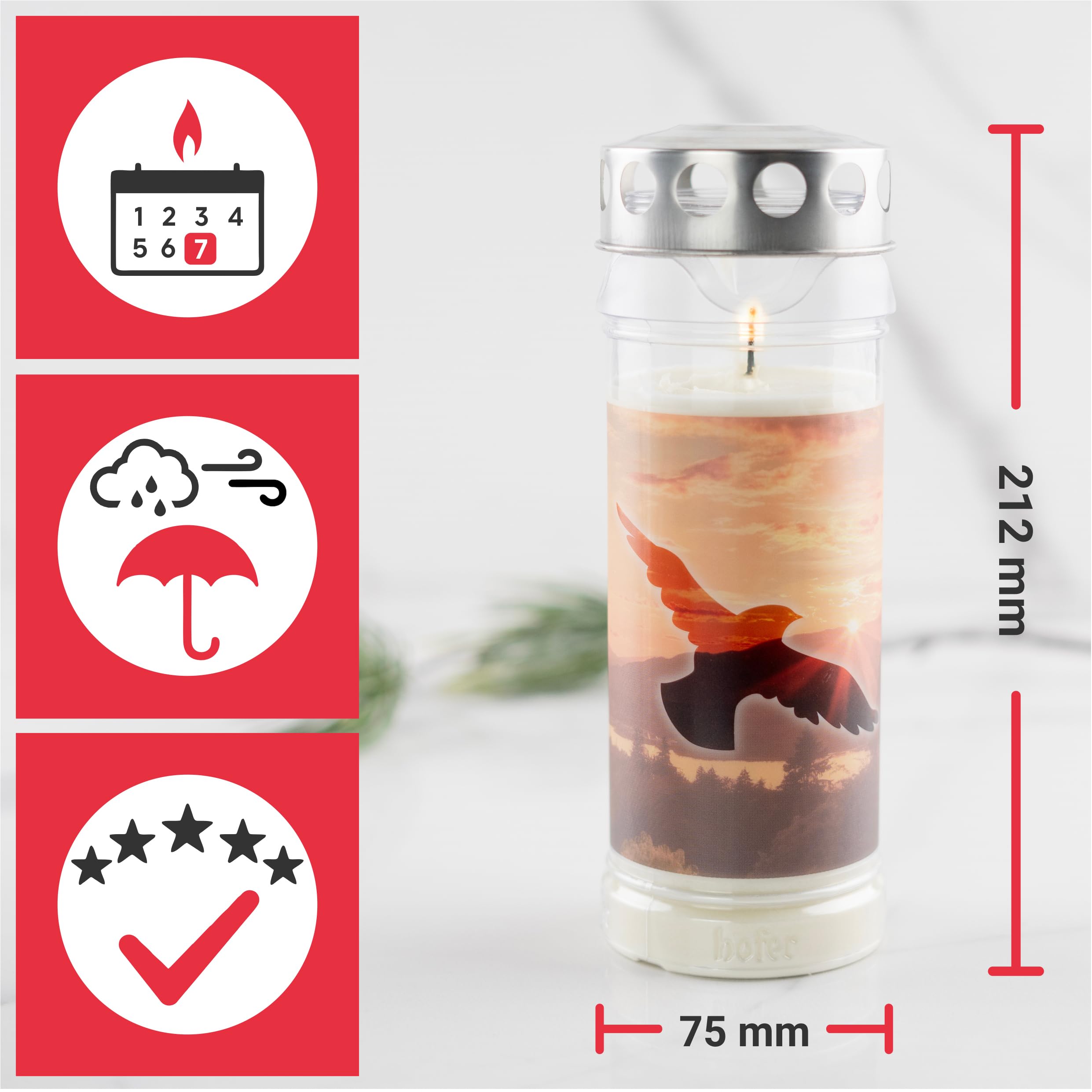 HOFER lumini per cimitero con motivo, 7 giorni di durata [Desiderio] – Set di 6 candele per condoglianze con coperchio, candele per decorazione tombale e decorazione tombale