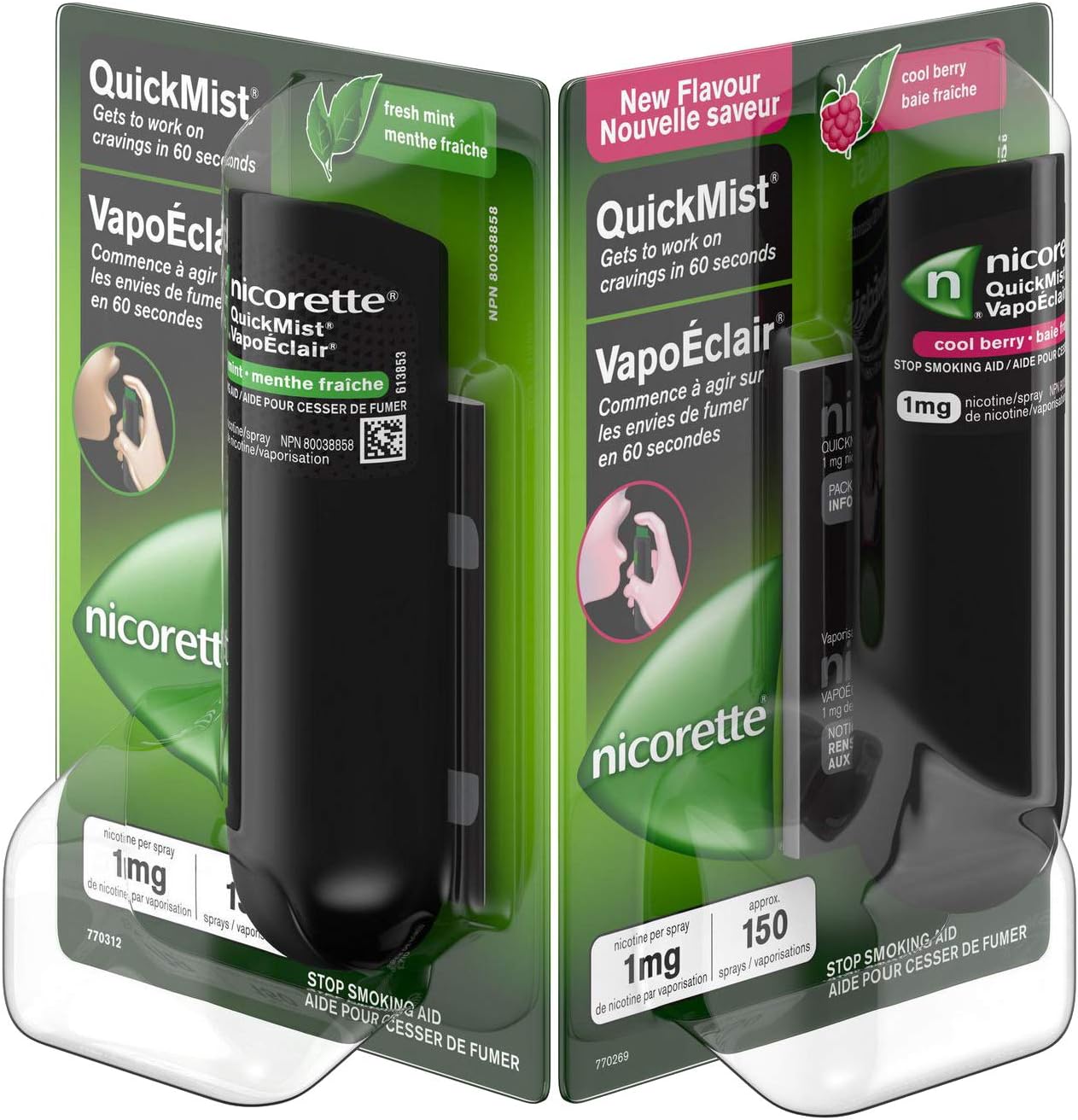 Nicorette Nicotine QuickMist Mouth Spray, Fresh Mint with Cool Berry Flavour, 1mg, 150 Sprays Each x Pack of 2