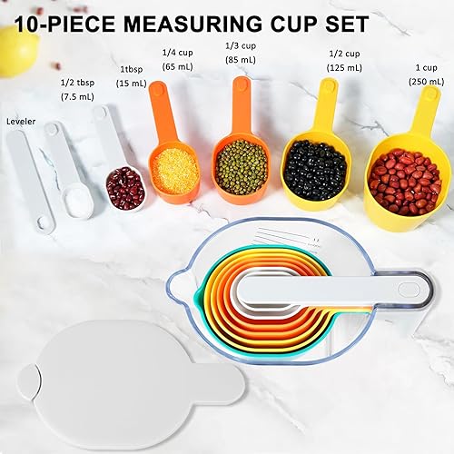 Miniatura 54 de Juego de tazas y cucharas medidoras de 10 piezas, taza medidora apilable con tapa, juego de cucharas medidoras para cocinar y hornear, para líquidos