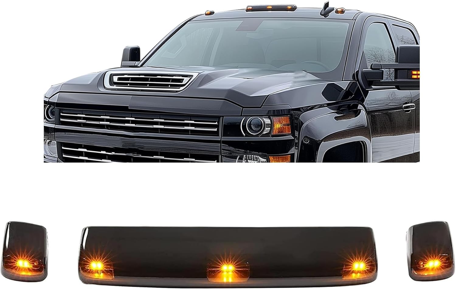HECASA LED Cab Roof Lights Compatible with 2015-2019 Chevrolet Silverado Sierra 2500 HD 3500 HD Replacement for 23463750 22794642 Cab Marker Top Clearance Marker Running Lights Smoke Lens Amber Light