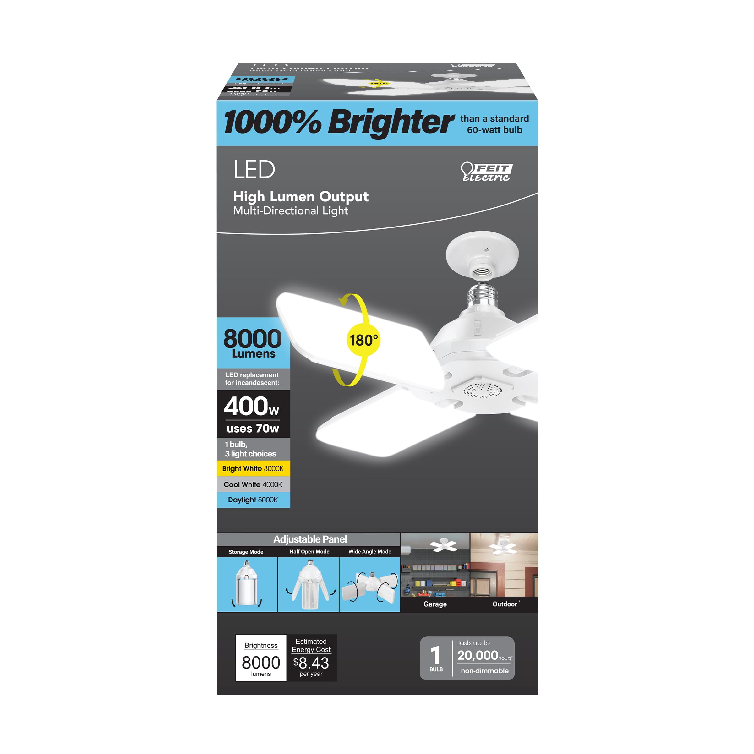 Feit Electric Adjustable LED Garage Light 3CCT Selectable White Bright Cool Daylight 8000 Lumen 90 Folding Panels E26