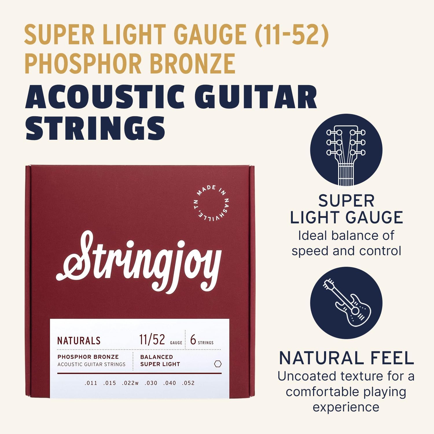 Stringjoy 11-52 Balanced Super Light Naturals Acoustic Guitar Strings