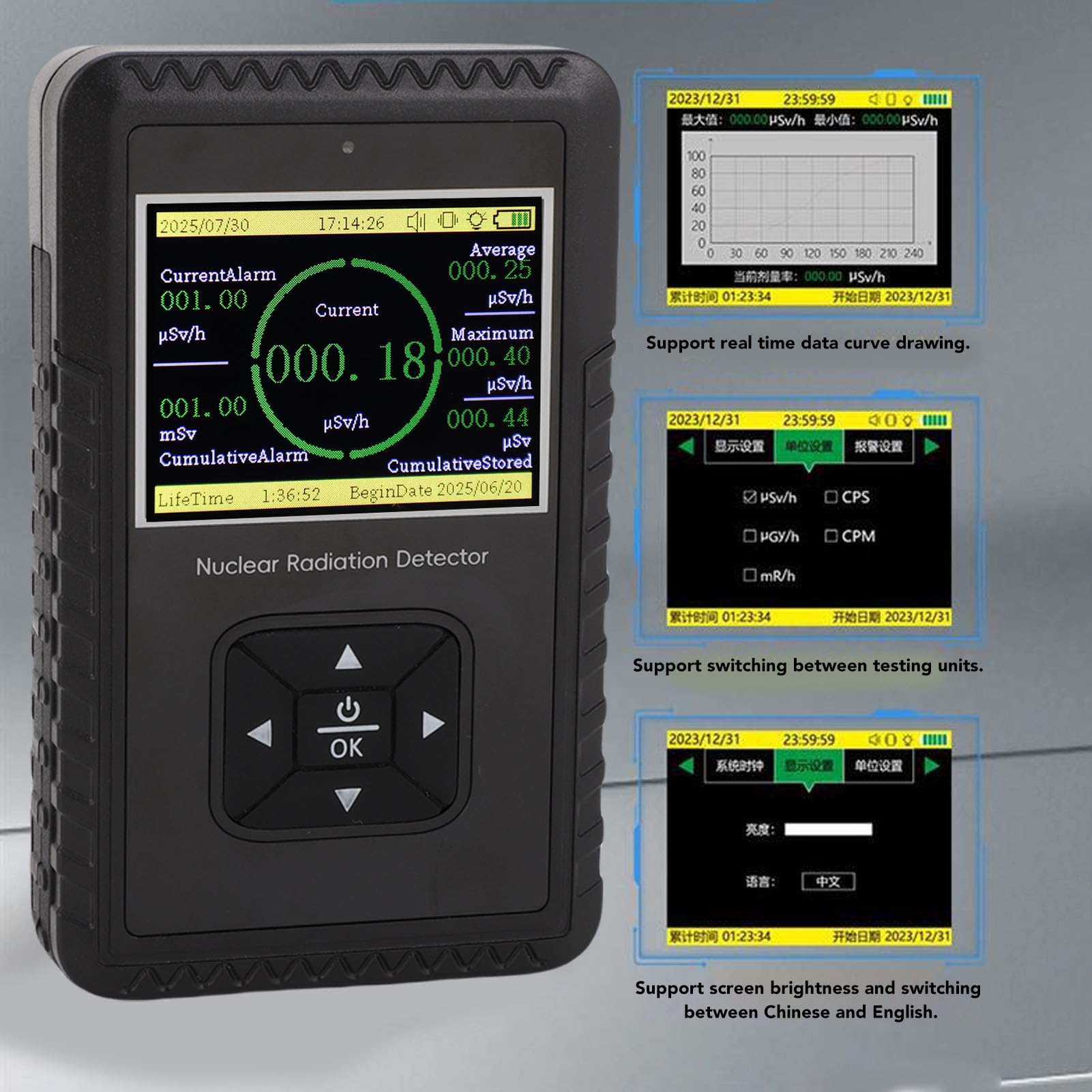 Luocute Nuklear Geiger Counter Detector, Handheld Beta Gamma Röntgenmessgerät mit Großem LCD -Bildschirm und Alarm für Rotes Licht