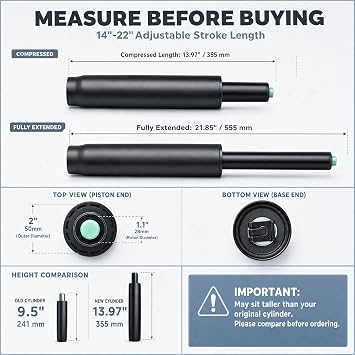 Mastery Mart 14-22インチ エクストラロング オフィスチェアシリンダー 交換用 手袋付き 8インチストロークガスリフト 高耐久 1000ポンド クラス4 油圧空気圧ピストン ユニバーサルフィット