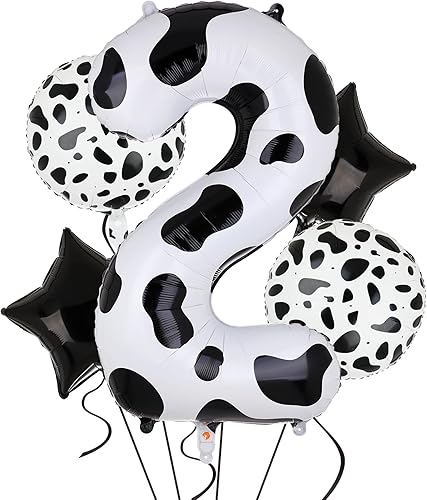 Globo de 40 pulgadas con estampado de vaca con número 2 globos blancos con estampado de vaca para niños, moo moo, soy dos, 2 cumpleaños, temática de