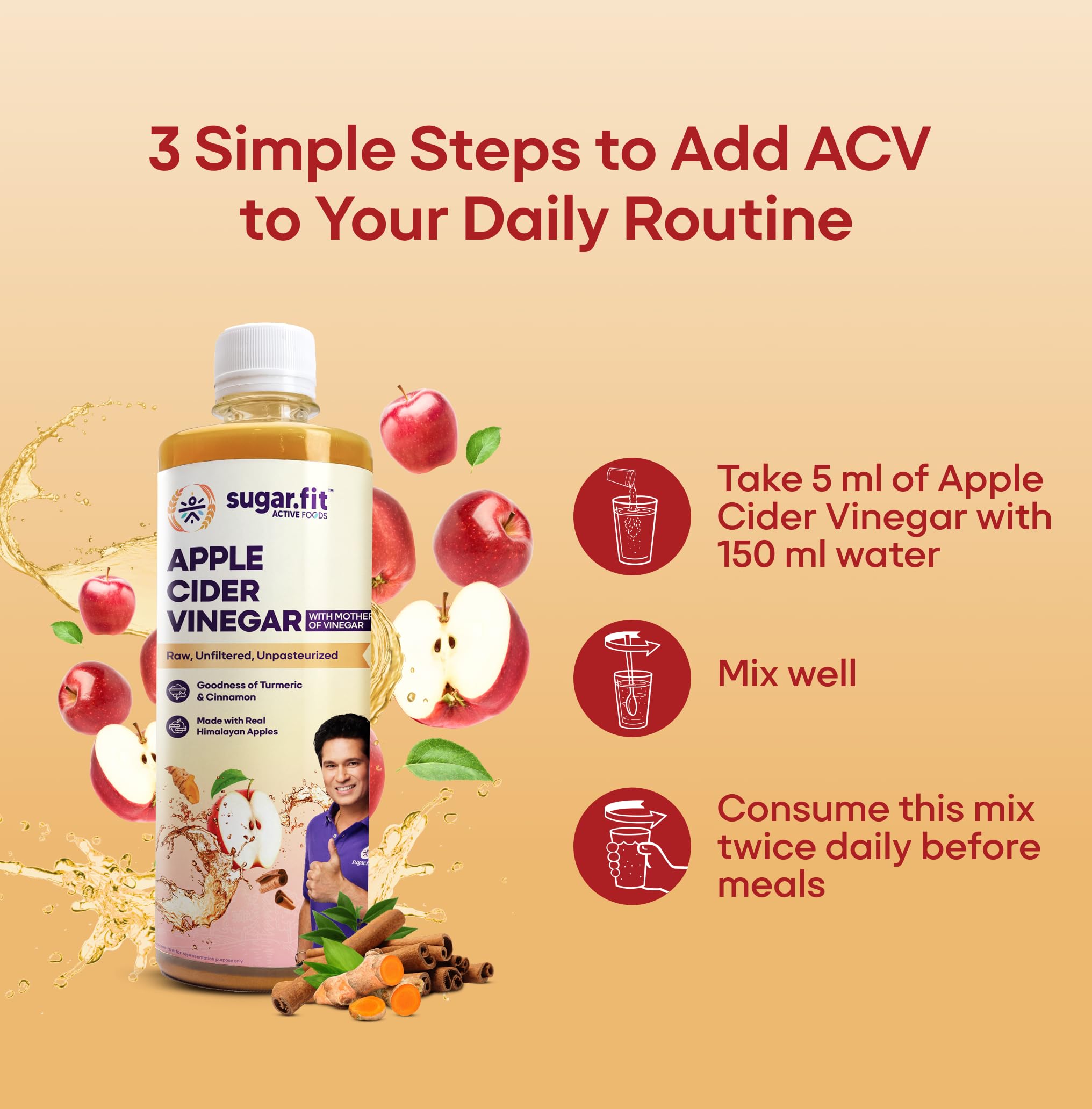 sugar.fit Active Apple Cider Vinegar | Immunity Boosting Active Apple Cider Vinegar: Turmeric & Cinnamon Infused - 500 ml | Helps Control Sugar Spikes | Weight Management | Raw & Unfiltered with