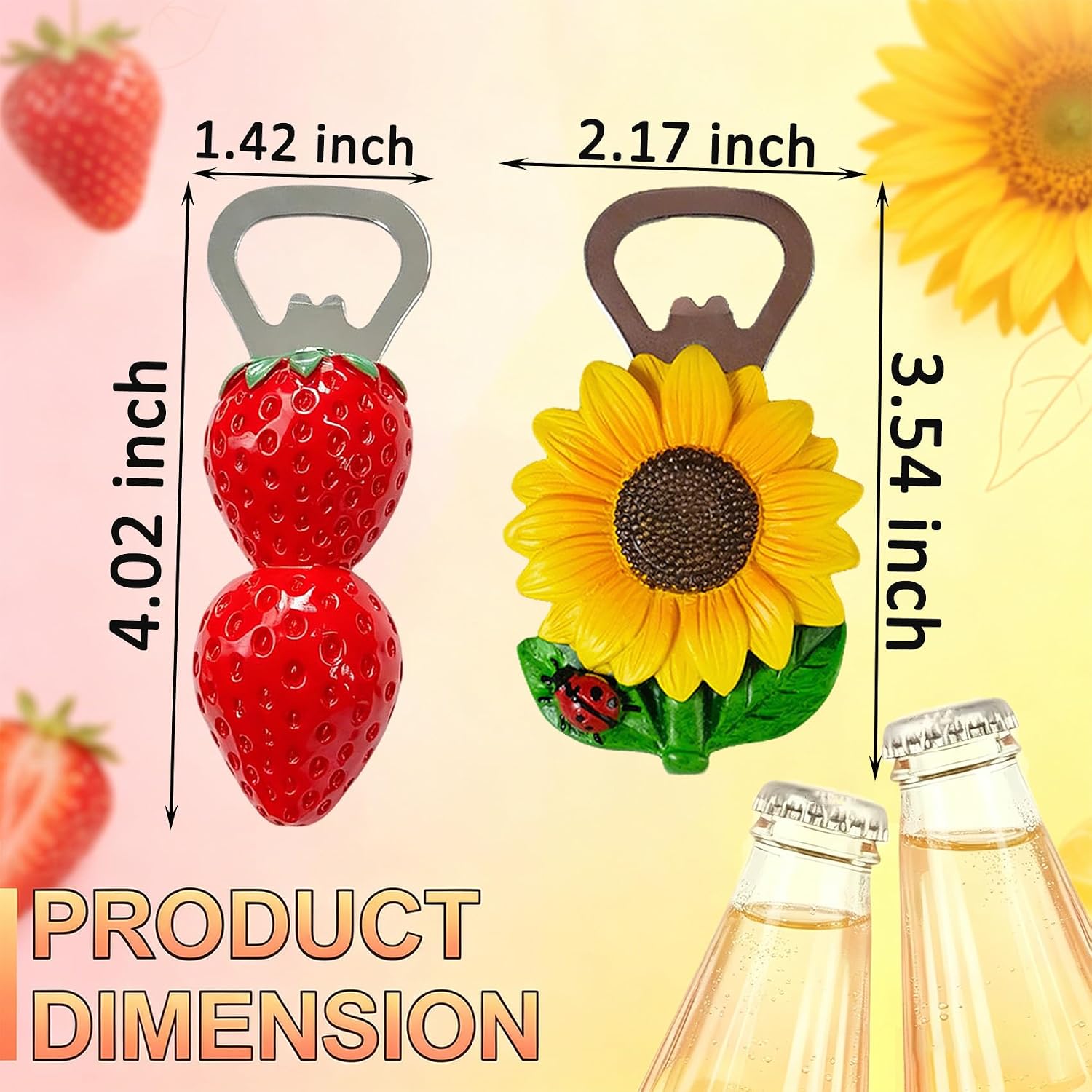 Set of 2 Fruit Floral Magnetic Bottle Openers, 3D Resin Sunflower Strawberry Fridge Magnets, Novelty Beer Openers for Housewarming Gift Farmhouse Home Decor (Mixed Styles) image 2