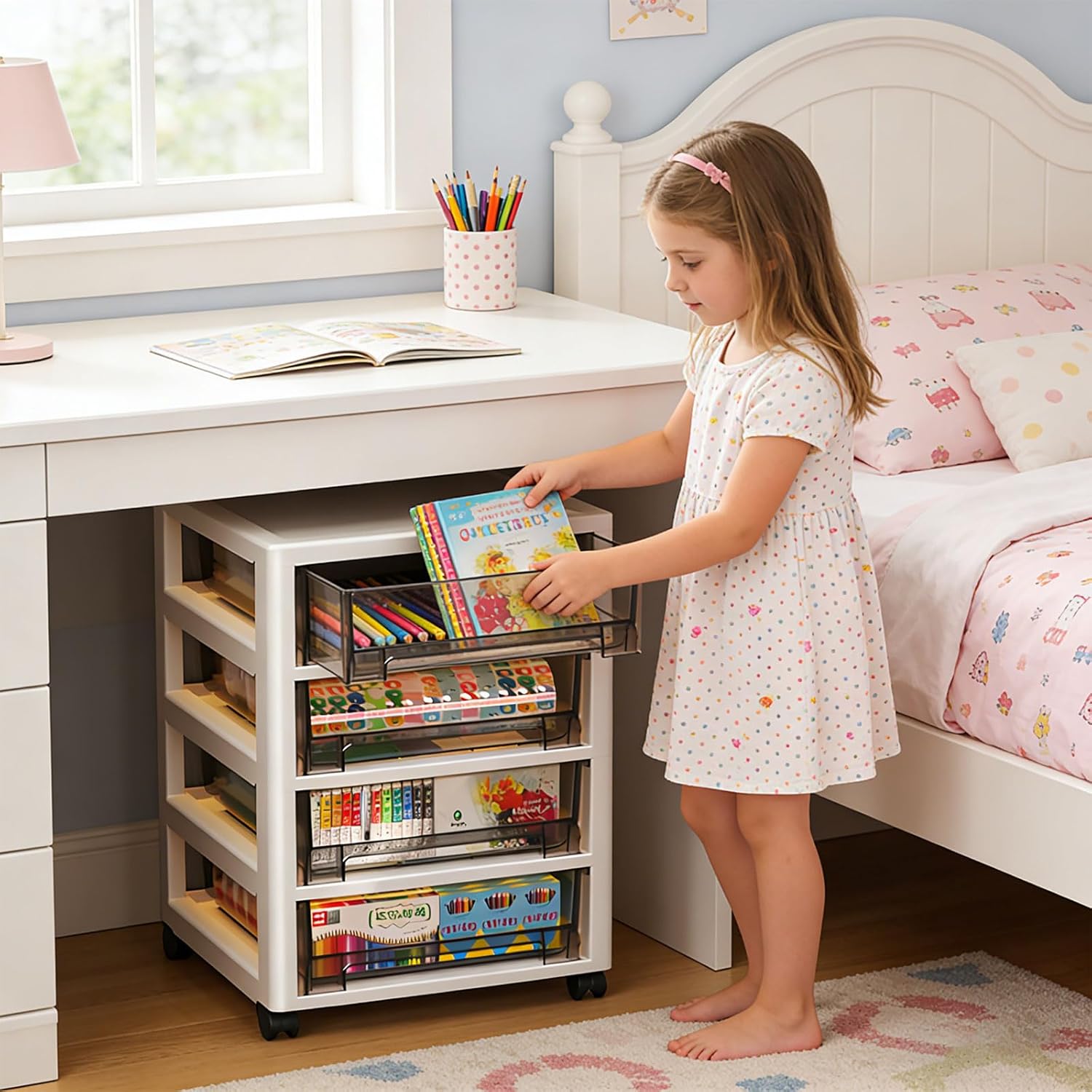 Plastic Storage Unit with Visible Compartments and Wheels for Home Office Kitchen Bathroom Organization