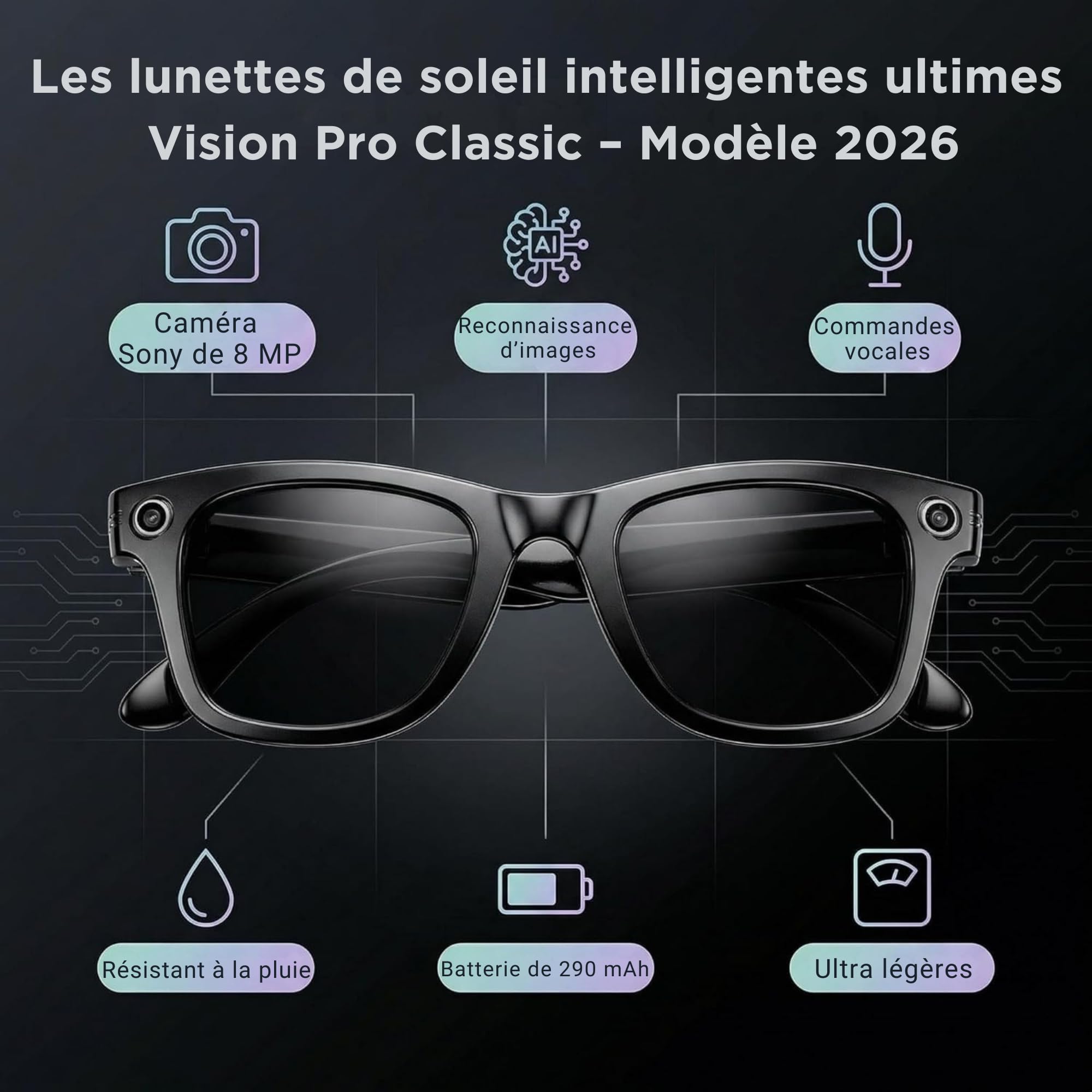 smartia Lunettes de Soleil intelligentes avec Camera, modèle 2026 et APP en françois Incluse, Lunettes Bluetooth Son Hi-FI, IA GPT intégrée avec Traduction dans +100 Langues, Camera 8MP Full HD
