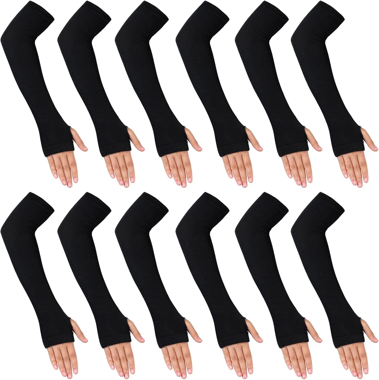 dowskwx 6 pares de calentadores de brazo con agujero para el pulgar negro para mujer, guantes de punto de manga larga elástica sin dedos, Negro