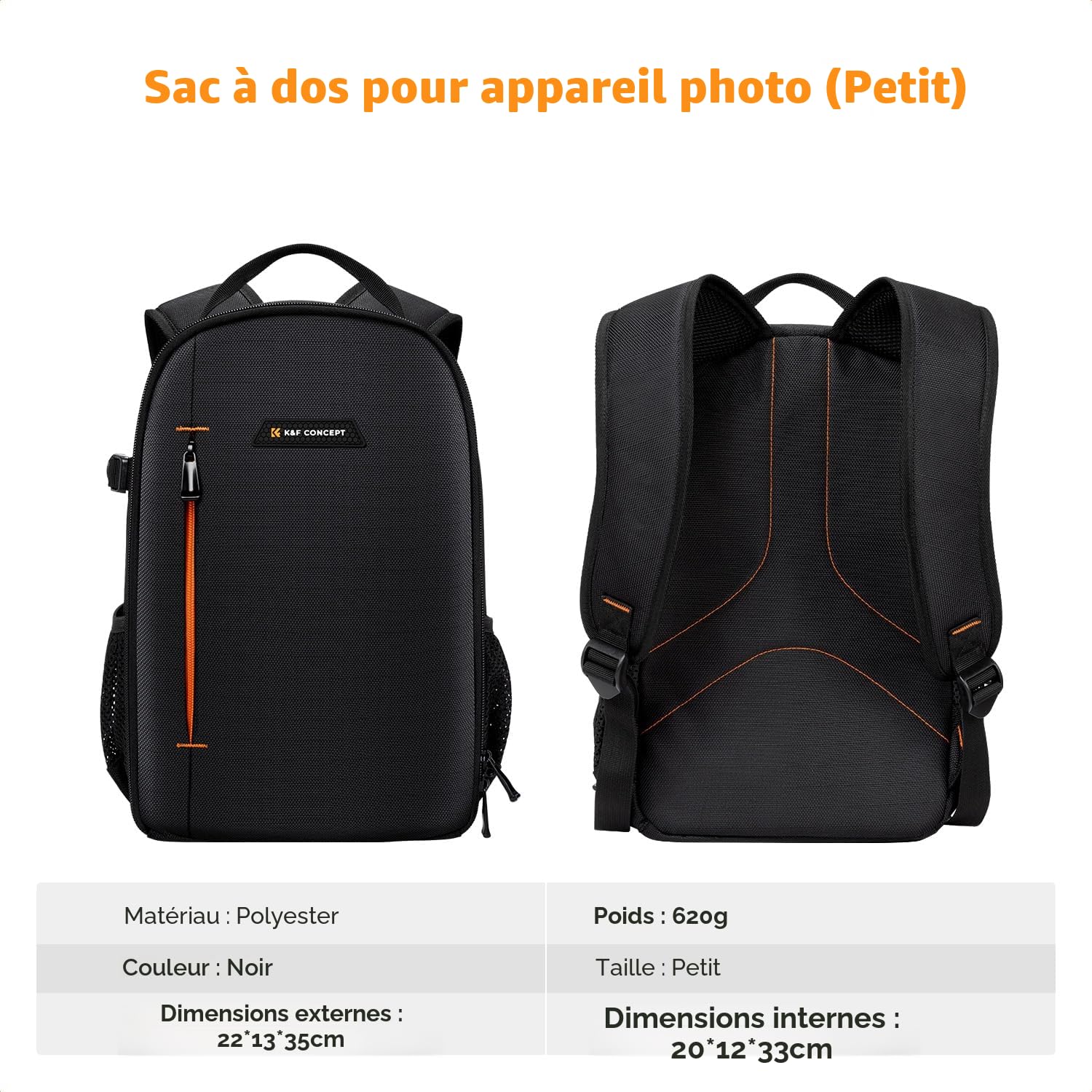 K&F CONCEPT Sac appareil photo, Sac à dos compact et résistant à l'eau pour appareil photo reflex, objectifs, tablettes, trépieds et accessoires photographiques