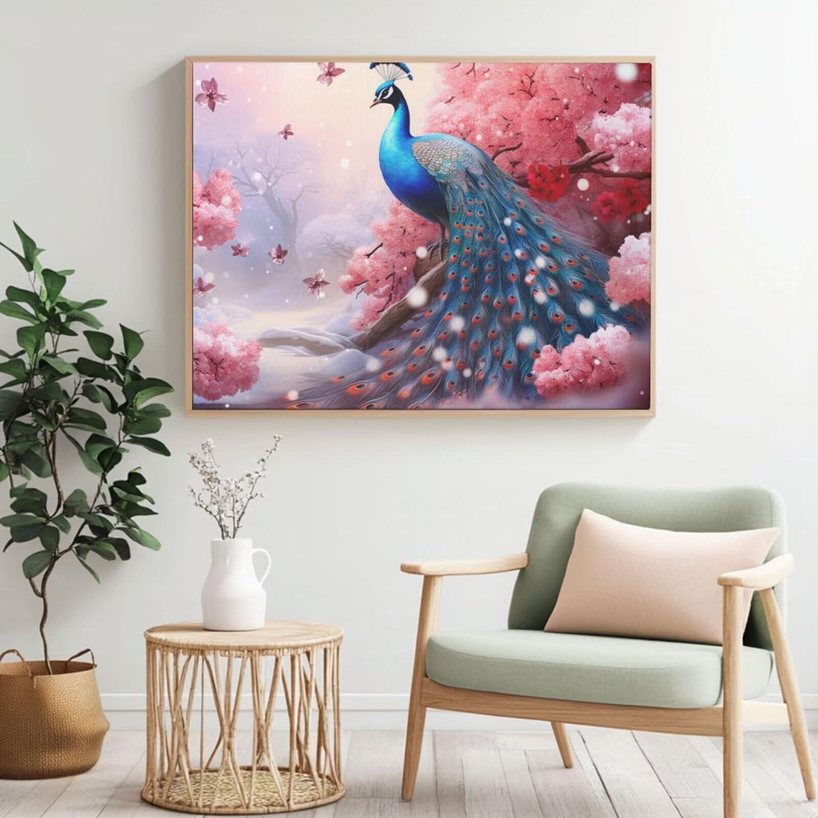 Kit per pittura con numeri per adulti, motivo: fiori, pavone con numeri per principianti, pittura acrilica con 6 pennelli, pittura a olio per decorazione da parete, 90 x 65 cm, senza cornice