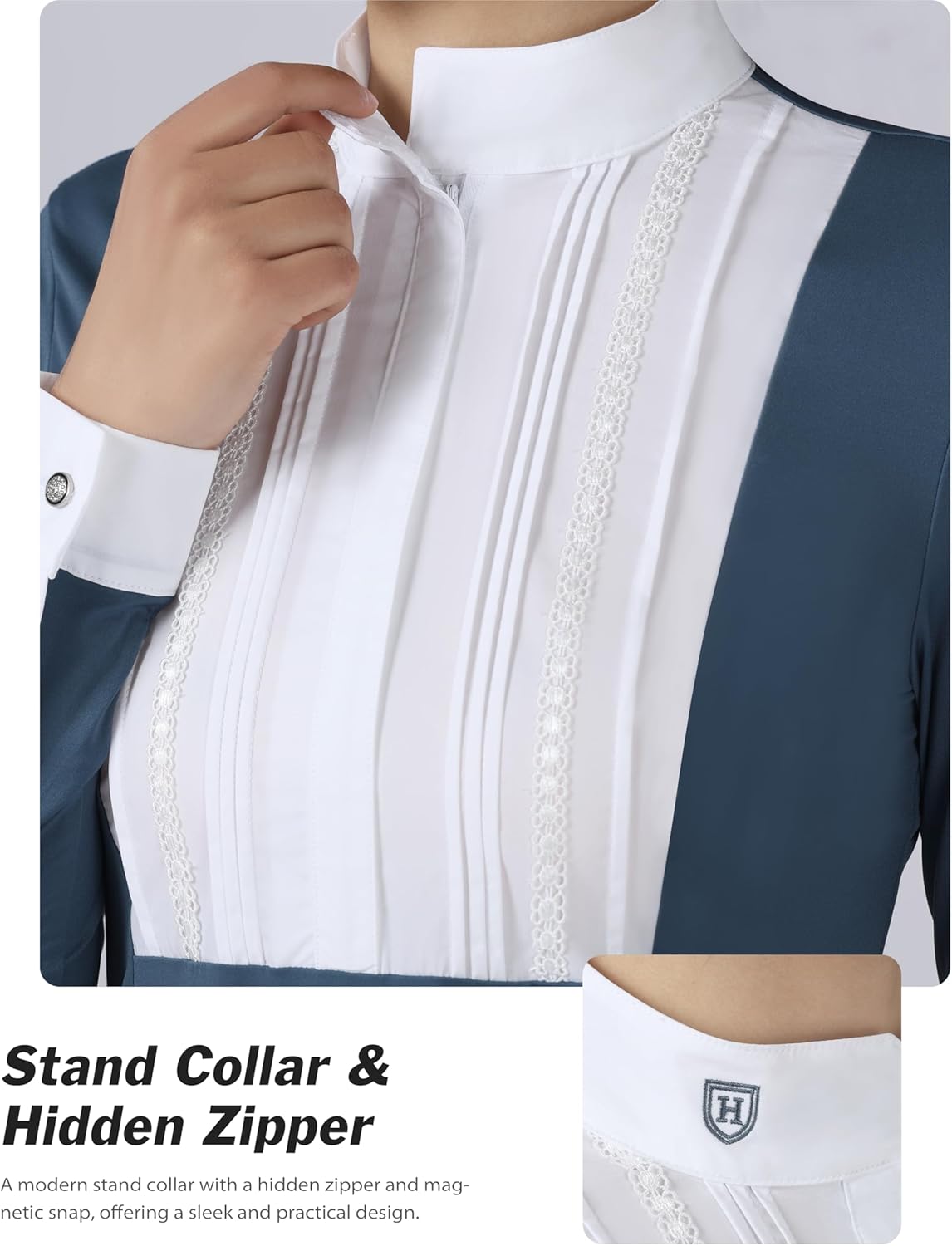 Harrison Howard Pleated Bib Rider Top Horse Riding Shirt Long Sleeve Riding Show Shirt with Lace Trims - Image 4