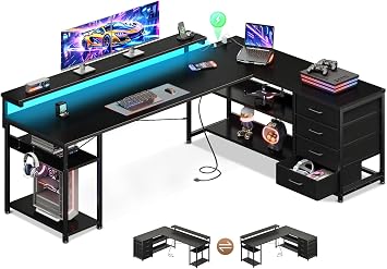 AODK 69" L Shaped Computer Desk with 4 Drawers, LED Lights, Black