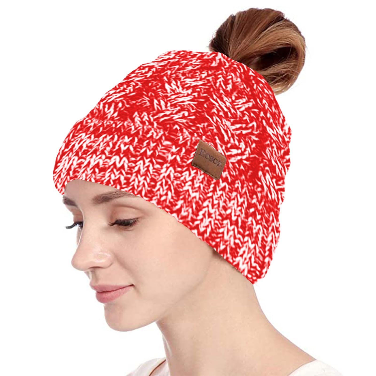 Rosoz Ponytail Beanie for Women,Winter Warm Beanie Tail Soft Stretch Cable Knit Messy High Bun Hat