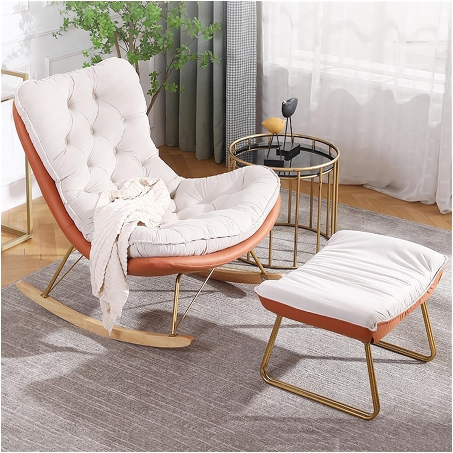 Sillón mecedor tapizado para Sala de Estar, sillón Decorativo con Almohada Lumbar y otomana, sillón reclinable Decorativo, sillón de Lectura para Dormitorio(Naranja-Talla única