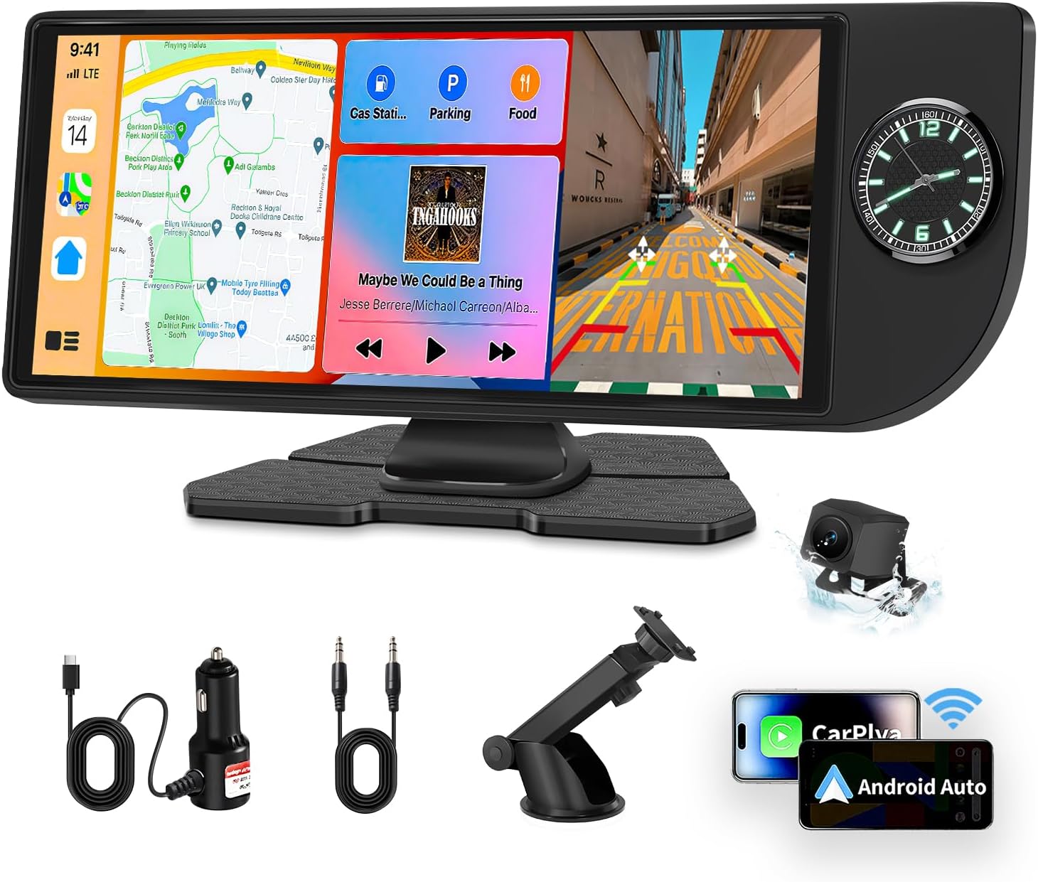 Wireless Carplay Screen for Car - 10.26 Inch Apple Carplay & Android Auto Stereo Portable Carplay Touchscreen with Built-in Clock, 1080P Backup Camera (Single Rear Camera, Black)
