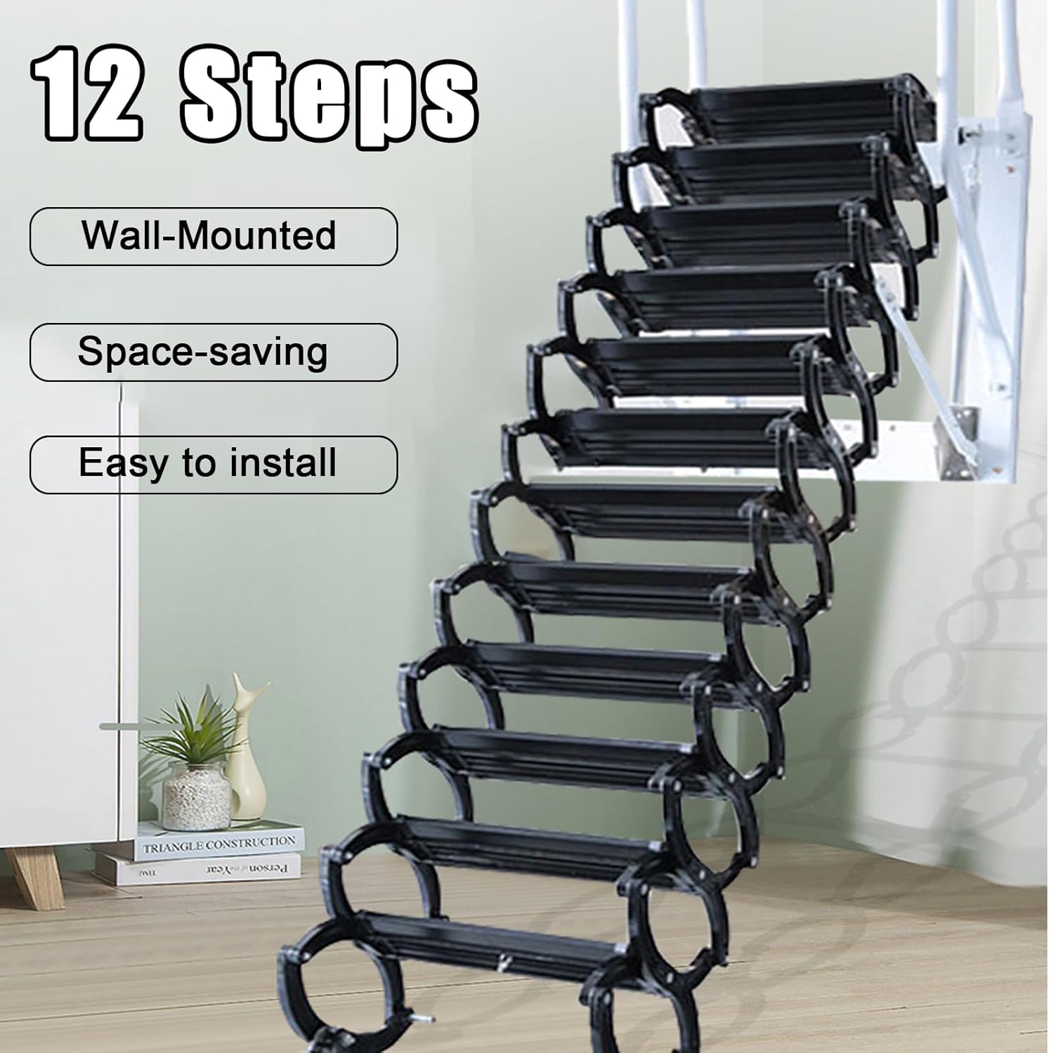 Wall-Mounted Folding Stairs for Attic, Outdoor Attic Ladders Pull Down System, Retractable Loft Ladder with Armrests Handle, 12 Pedals Steps Ladder Extension Staircase Up to 600lbs (Black, 12 Steps)