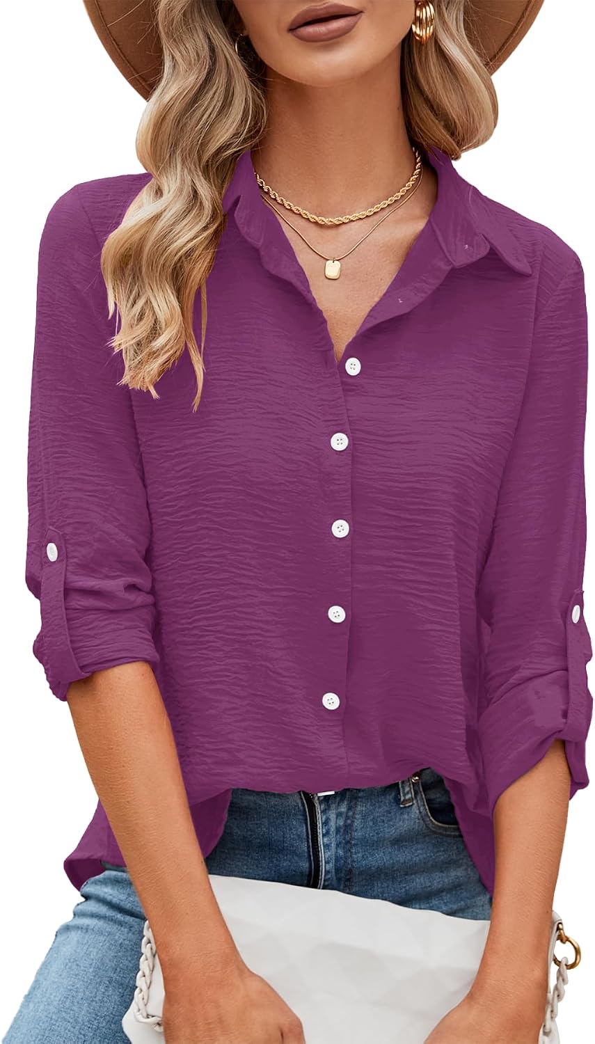 Odosalii Womens Button Down Shirts V Neck Rolled Up Long Sleeve Tops Elegant Dressy Blouses Business Casual Outfits