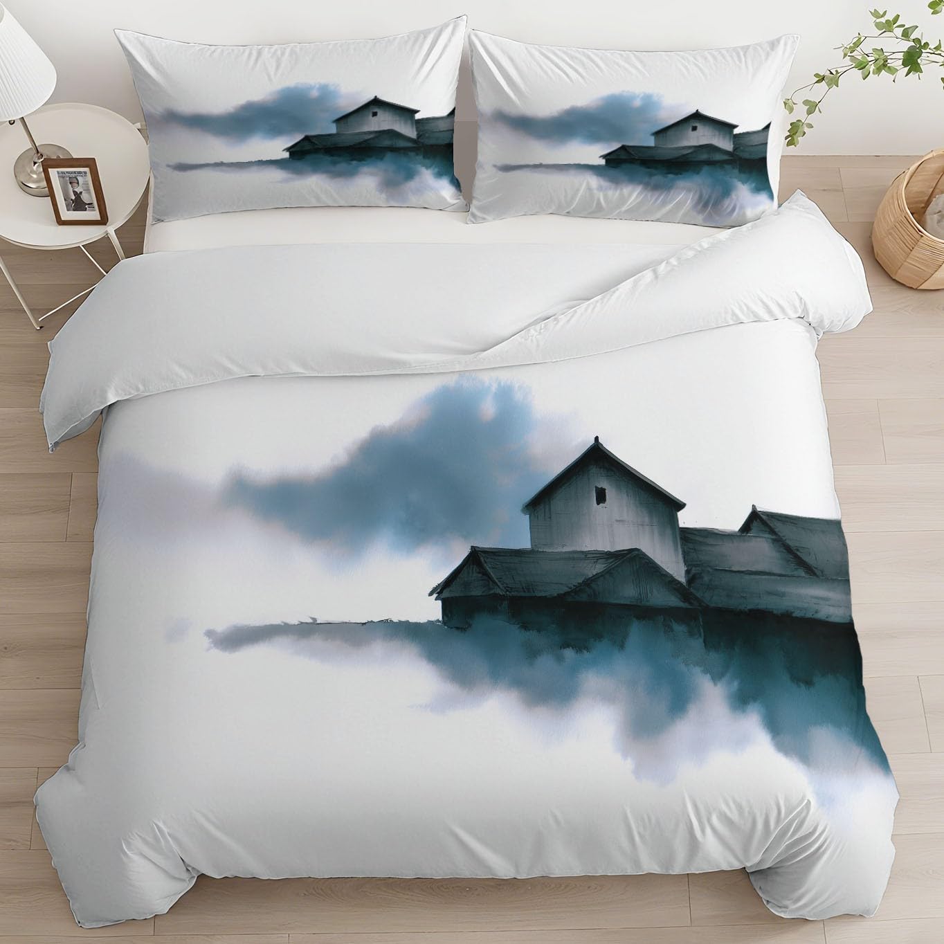Pościel 200 x 220 cm, chińskie malarstwo tuszem, stare miasto, komplet pościeli 3-częściowej, super miękka pościel z mikrofibry i 2 poszewki na poduszkę 80 x 80 cm, biała