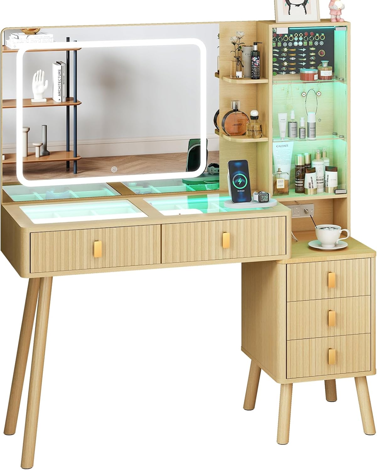 GOODONE 48" Vanity Desk with Mirror and Lights, Fluted Makeup Vanity Table Set with Large 30" Mirror LED Lights, 5 Drawers, Furniture Clearance Outlet for Bedroom, 48 * 15.7 * 53.9 in(Natural Oak)