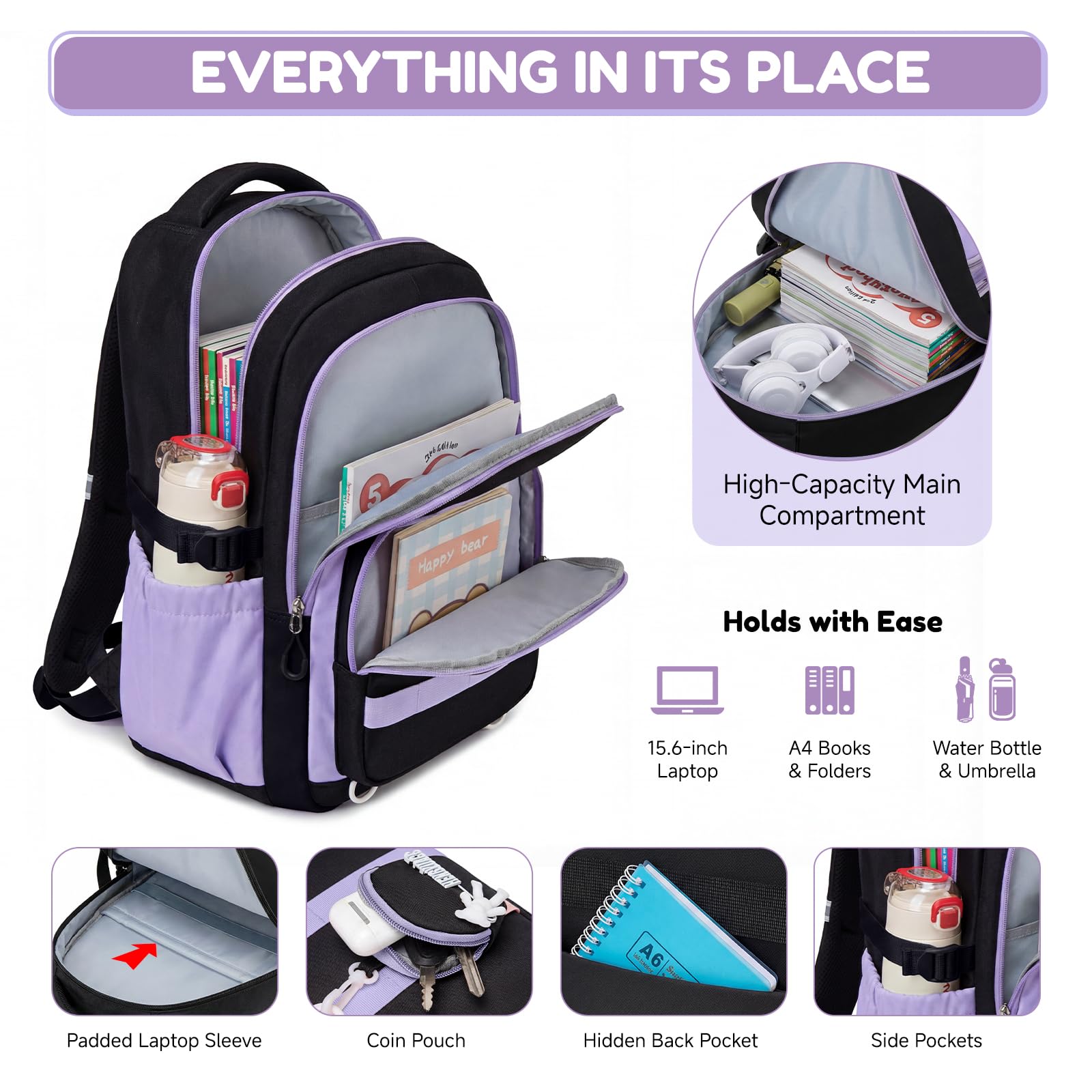 Amythe Sac à Dos Fille Collège, Ensemble de Cartable Léger, Violet