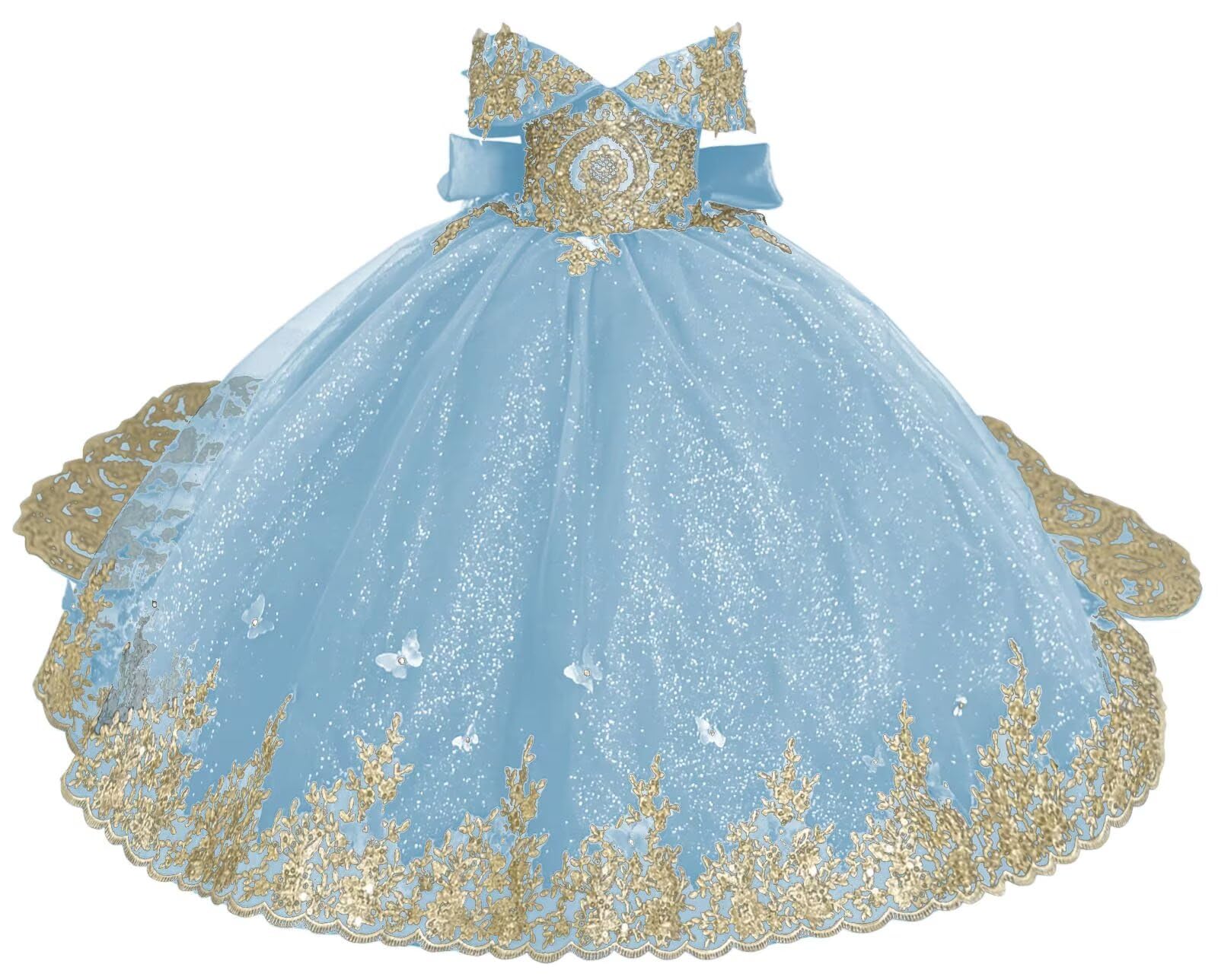 Youjiayi Gold Appliques Flower Girl Dresses with Bow 3D Butterfly Kids Ball Gown Off Shoulder Sequin First Communion Dress