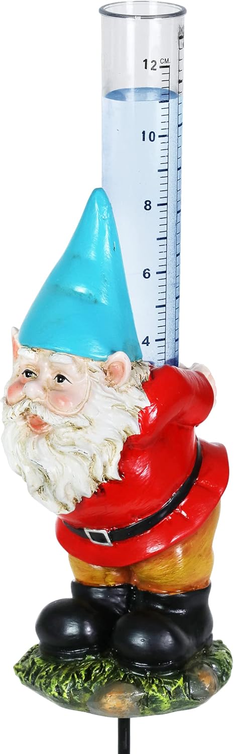 Exhart Rain Gauge Gnome Garden Stake, w/Functional Gauge, Outdoor Resin & Glass & Décor, 3”x3”x16”