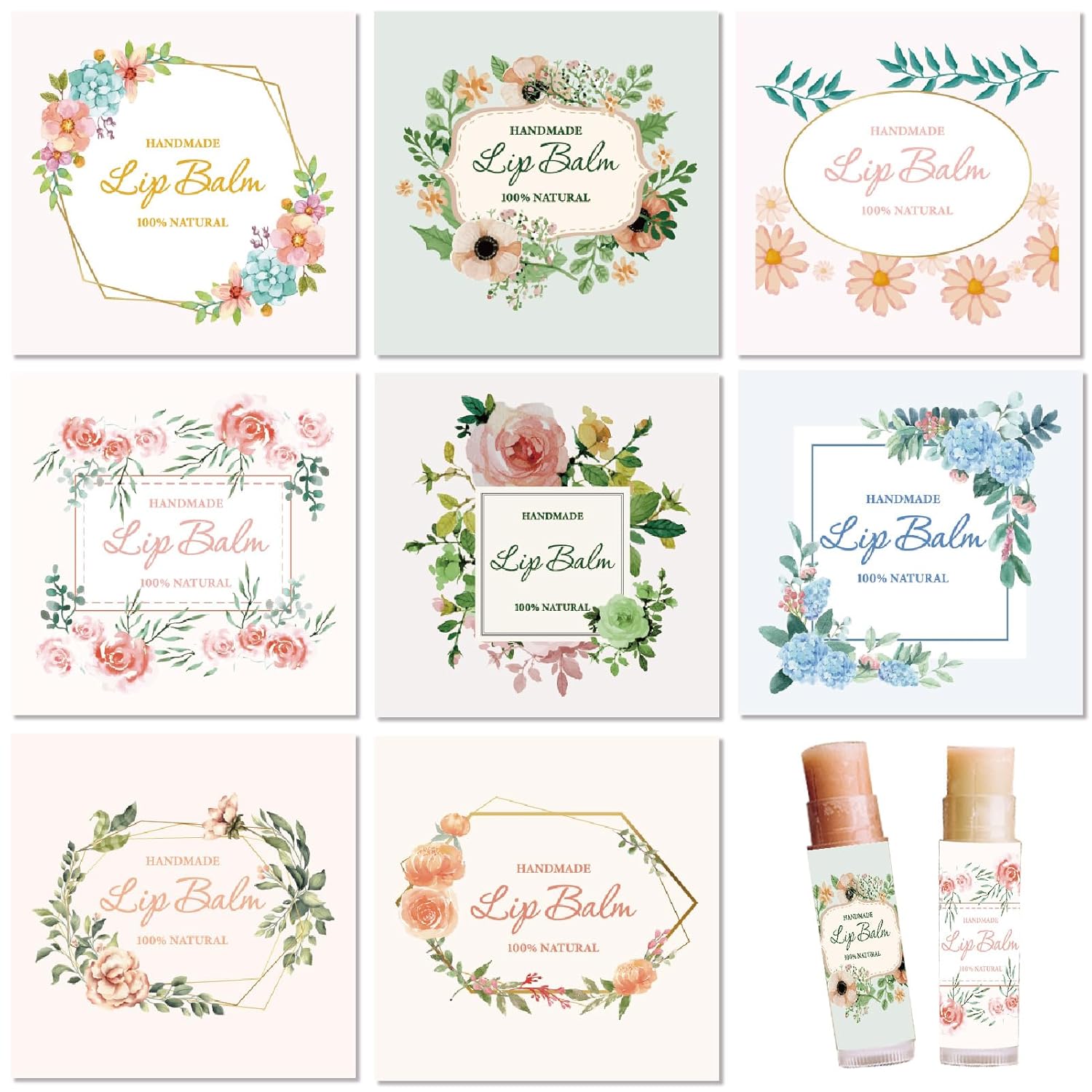 CRASPIRE 80Pcs 8 Styles Lip Balm Stickers - Floral Vintage Square DIY Labels - Pink White - Paper