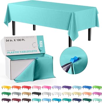 Party Solids 54 Inch X 100 Feet Aqua Plastic Table Cover Roll in A Cut - to - Size Box with Convenient Slide Cutter. Cuts Up to 12 Rectangle 8 Feet Plastic Disposable Tablecloths