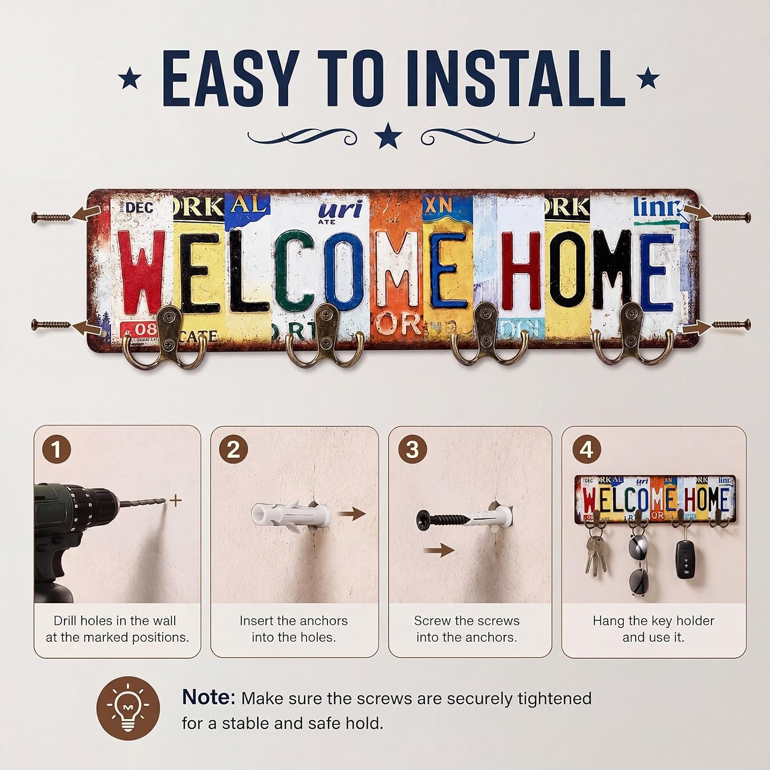 Hicarer Vintage Key Holder Wall Mount Welcome Home Metal Organizer Hanger