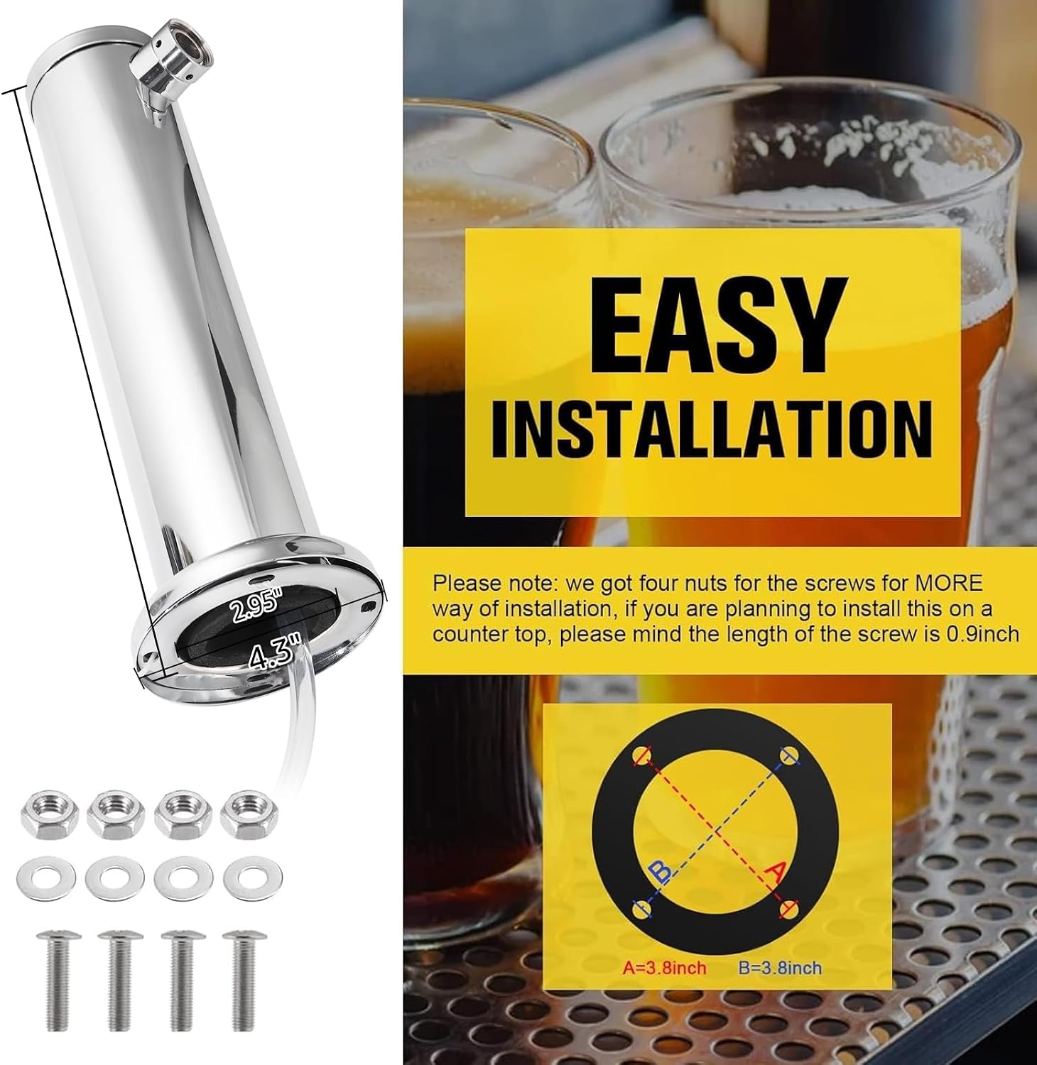 Single Tap Beer Tower, Stainless Steel Keg Tower for Countertop & Kegerator