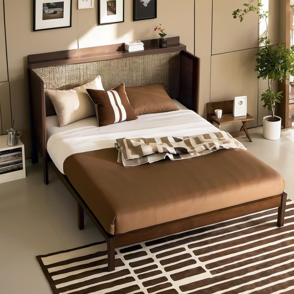 Queen Size Multi-Functional Bed Frame with Rattan Decoration Panel and Drawer for Girls/Boys,Home Office, Studio,Bedroom,Cabinet Murphy Bed w/Plank Support,No Box Spring Needed, Walnut