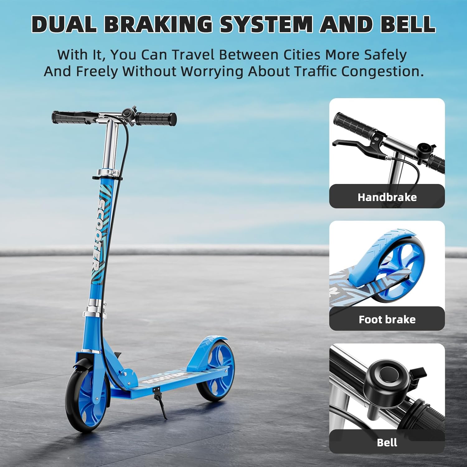 scooters for kids 8-12, teens & adults - lightweight, foldable, 8-inch big wheels, hand brake & bell, 4 adjustable height levels, 240 lbs max load, perfect for school, campus and park rides blue