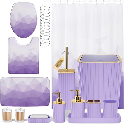 Vista 16 de Juego de baño – Juego de baño de 26 piezas con cortina de ducha y alfombras, juego de accesorios de baño, juego de accesorios de baño negro, bote