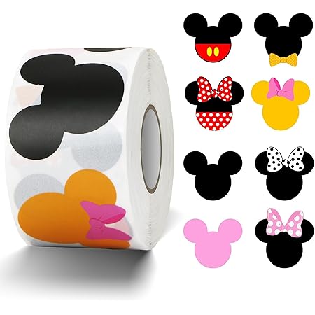 Jouierty 500Pcs Cartoon Mouse Head Stickers, 1.5 Inch Big Size PVC Mouse Ear Stickers Roll for Kids Birthday Party Favor Decoration Gift Tag Label Baby Shower Decor Invitation Envelope Seal, 8 Style