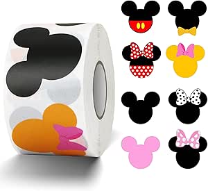 Jouierty 500Pcs Cartoon Mouse Head Stickers, 1.5 Inch Big Size PVC Mouse Ear Stickers Roll for Kids Birthday Party Favor Decoration Gift Tag Label Baby Shower Decor Invitation Envelope Seal, 8 Style