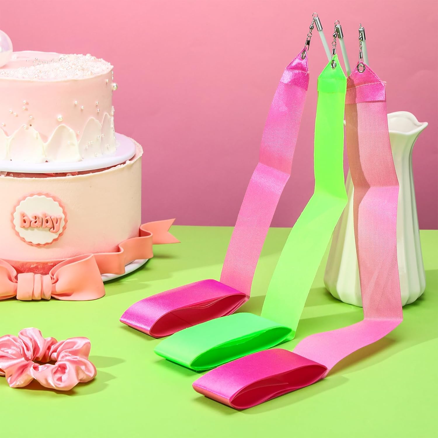 Soulchen 20 Pack Pink and Green Witch Party Favors Witch and Theme Wands with Thank You Cards Pink Green Dance Ribbons Birthday Party Favors Dance Streamers Gift(Magic)