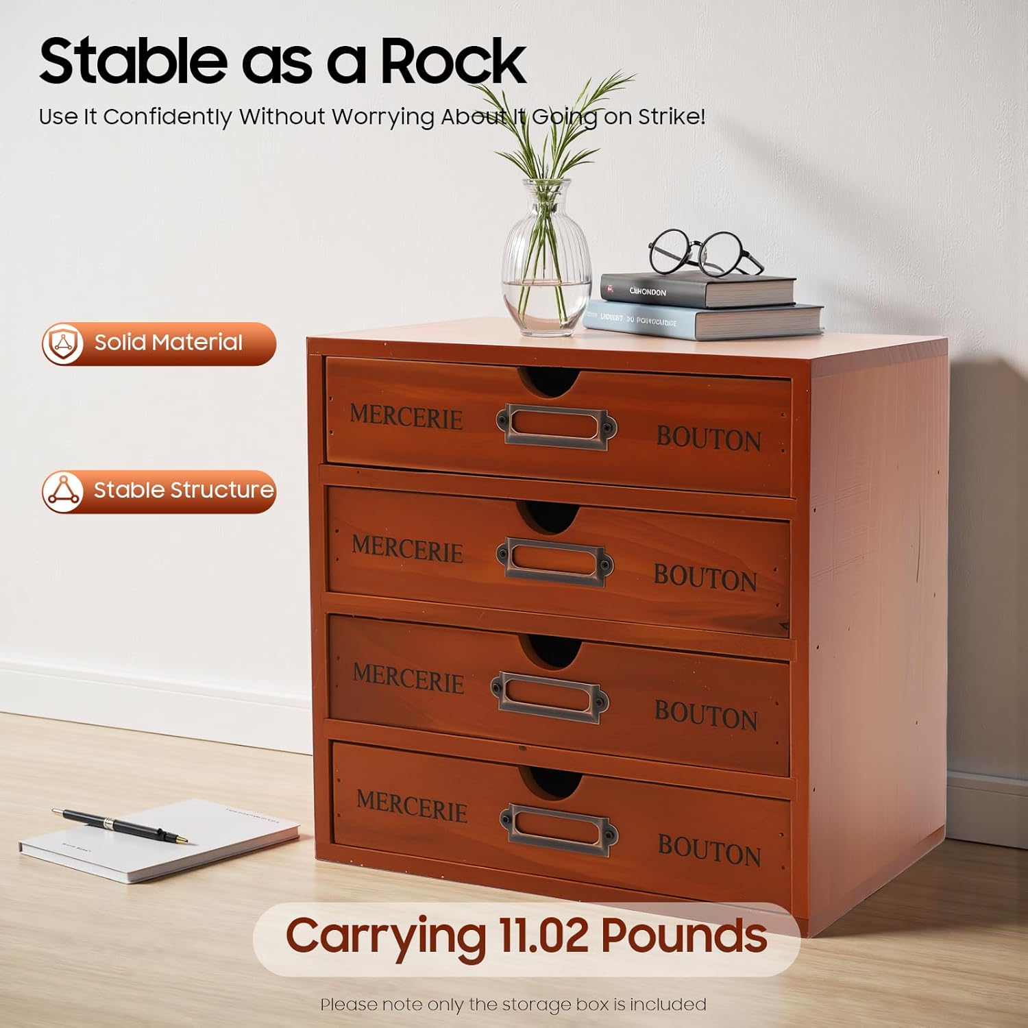 Desktop Storage Box with 4 Drawers - Pine Wood Vintage Apothecary Cabinet Antique Desktop Organizer Stackable Drawer Unit for Cosmetics Jewelry Letters Sugar Packets - 9.65"×6.89"×9.65"