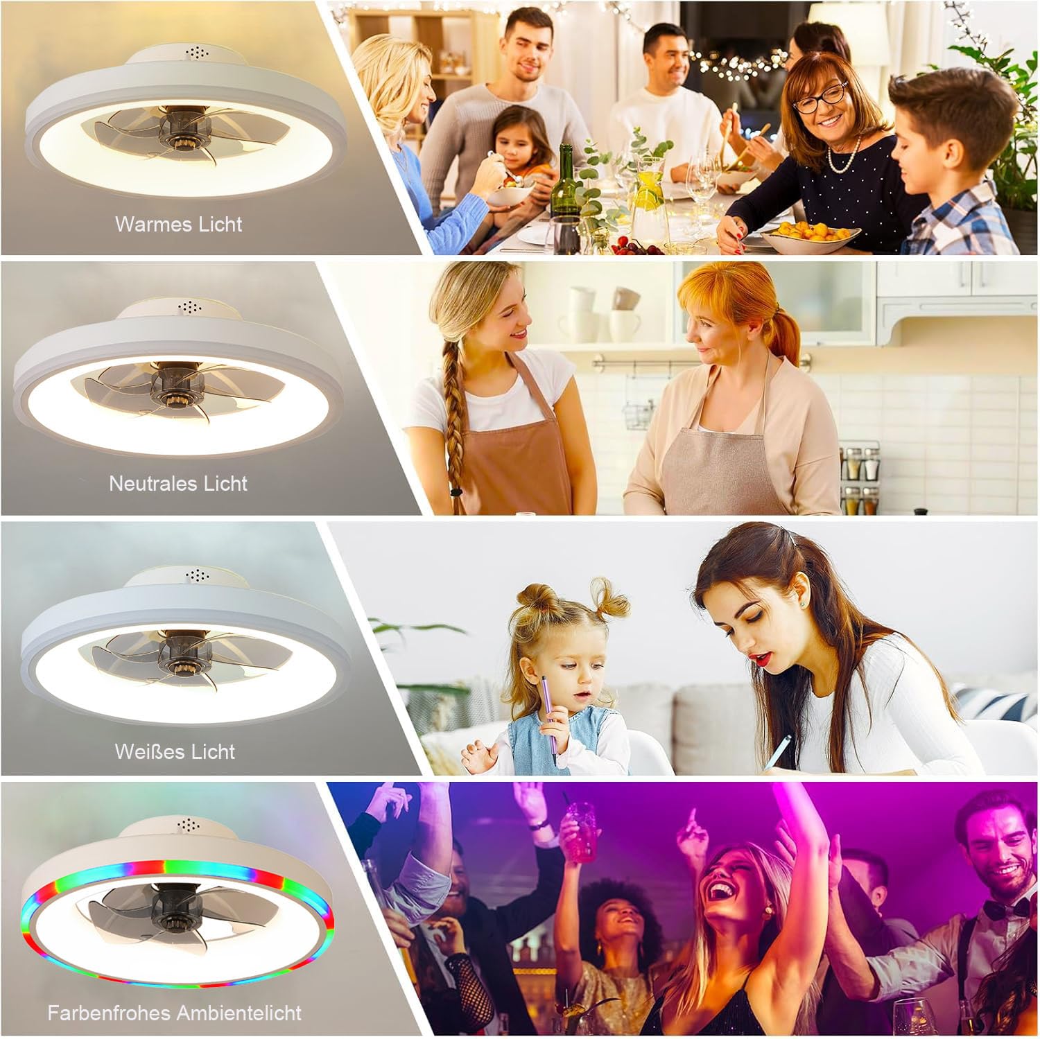 Ventilateur Plafond 50 Cm Avec Lumière LED Dimmable - 6 Vitesses, Télécommande Et APP - Noir Et Blanc