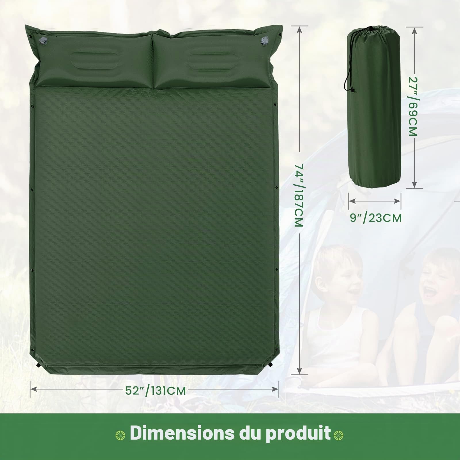 KOMFOTTEU Tapis de Couchage autogonflant pour Camping avec Coussin de Dossier, 190 x 130 cm, Matelas extérieur pour 2 Personnes, Tapis d’Isolation Thermique Pliable imperméable et Portable (Vert)