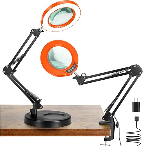 Miniatura 12 de Lupa 10X con luz y soporte, 5 modos de color, lupa iluminada 2 en 1 regulable sin escalones con abrazadera, lámpara de escritorio LED manos libres