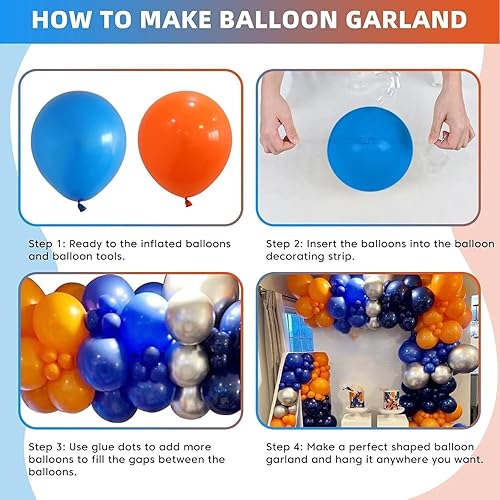 Miniatura 7 de Kit de arco de globos azules y naranjas, 100 piezas de guirnalda de globos azules y naranjas, globos de látex naranja y azul de diferentes tamaños