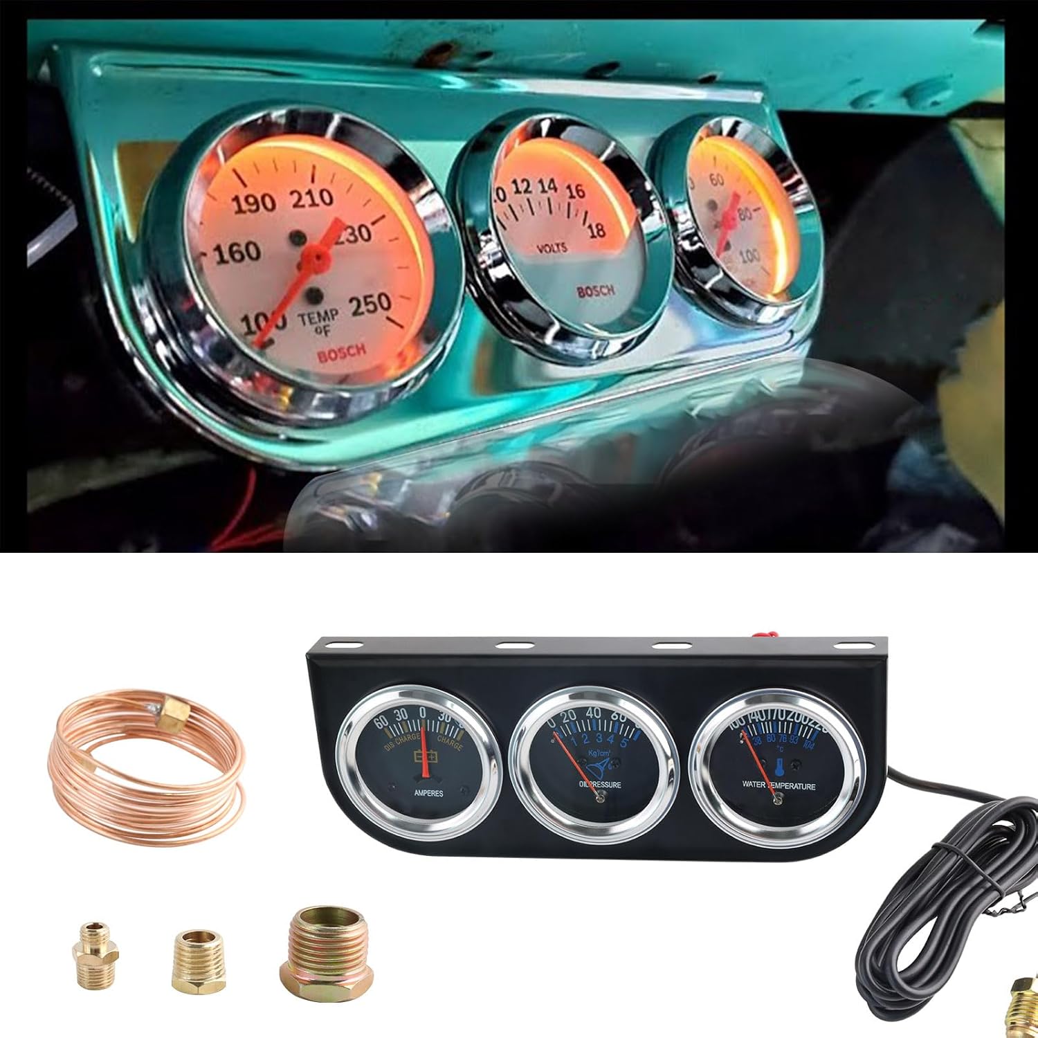 BAGARAATAN Triple Gauge Kit Oil/AMP/Water,Mechanical 2'' 52mm Chrome Triple Gauge Set Water Temp Oil Pressure AMP Meter : Automotive