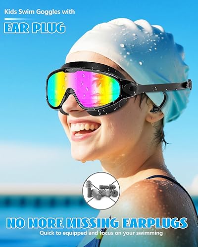 Miniatura 2 de Aegend Paquete de 2 gafas de natación de visión amplia, antivaho, UV, sin fugas, con tapones para los oídos para niños de 3 a 14 años