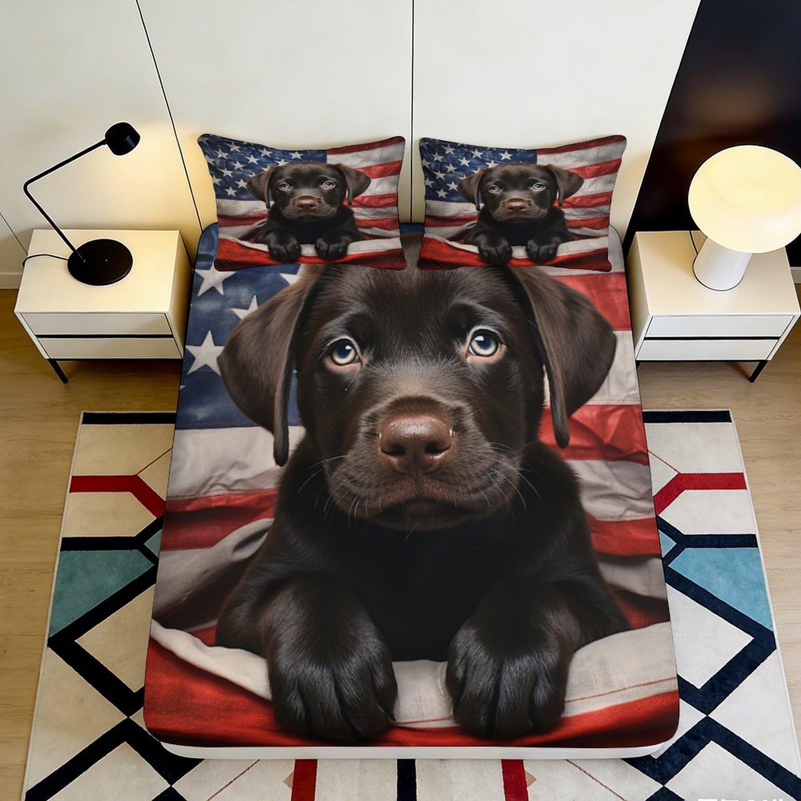3D Printed Chocolate Labrador Dog Fitted Sheet Microfiber Soft American Flag Bed Cover for Bedroom Decor 90x200x25cm