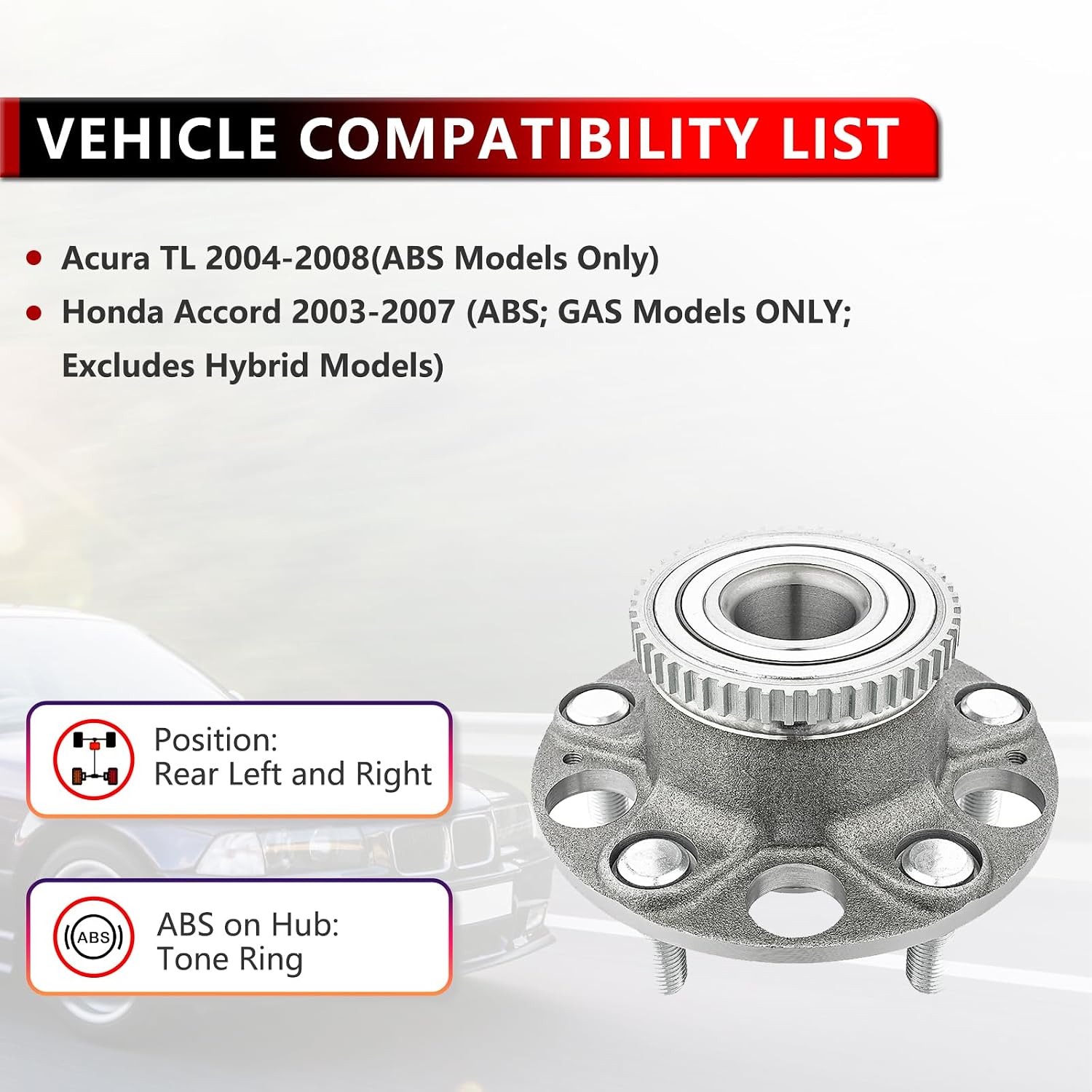512188 Wheel Hub Bearing for 2004-2008 Acura TL, for 2003-2007 Honda Accord (Fit Gas Models, Not Fit Hybrid) Wheel Bearing Hub Assembly with ABS