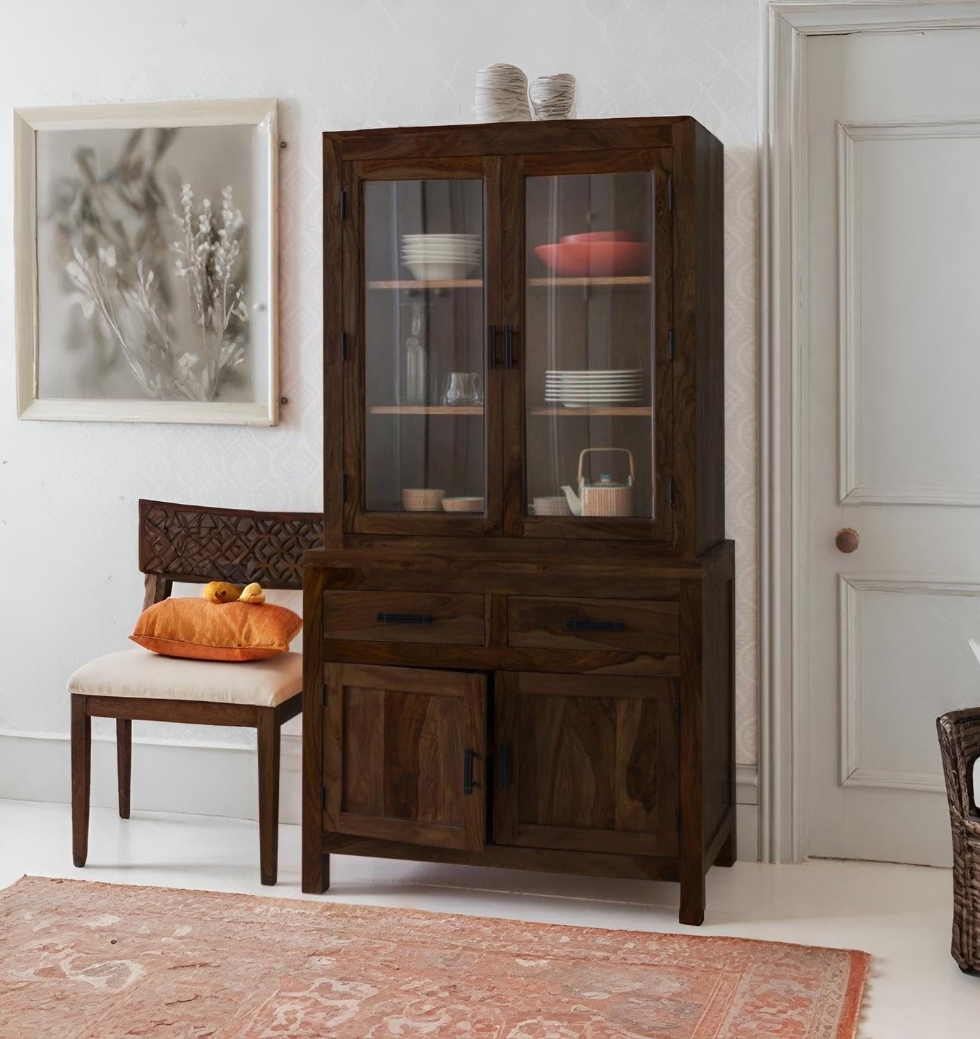 ANGEL FURNITURE Sheesham Wood Atlanta Crockery Cabinet | Hutch Cabinet (Walnut Finish)